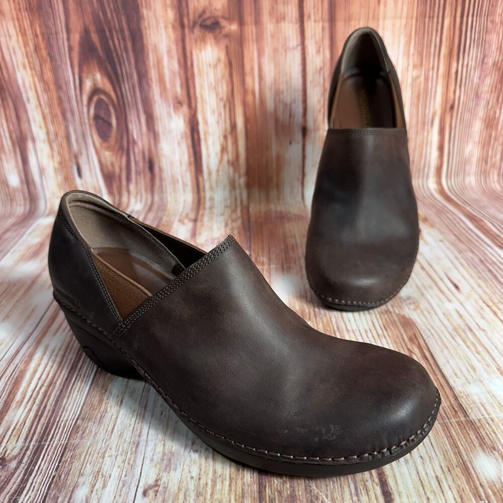 Merrell EMMA Womens Size 11 Brunette Brown Leather Block Heel Loafer Clogs Shoes